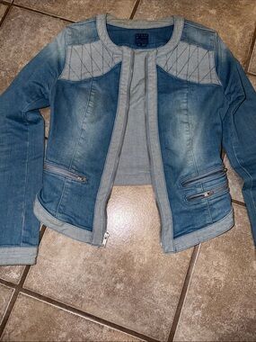 Guess Women's Light Blue vintage “showgirl”  moto Denim Jacket